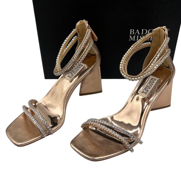Badgley Mischka Shoes - Badgley Mischka Lillie Crystal Dual Strapped Block Heels Sandals Champagne 6.5